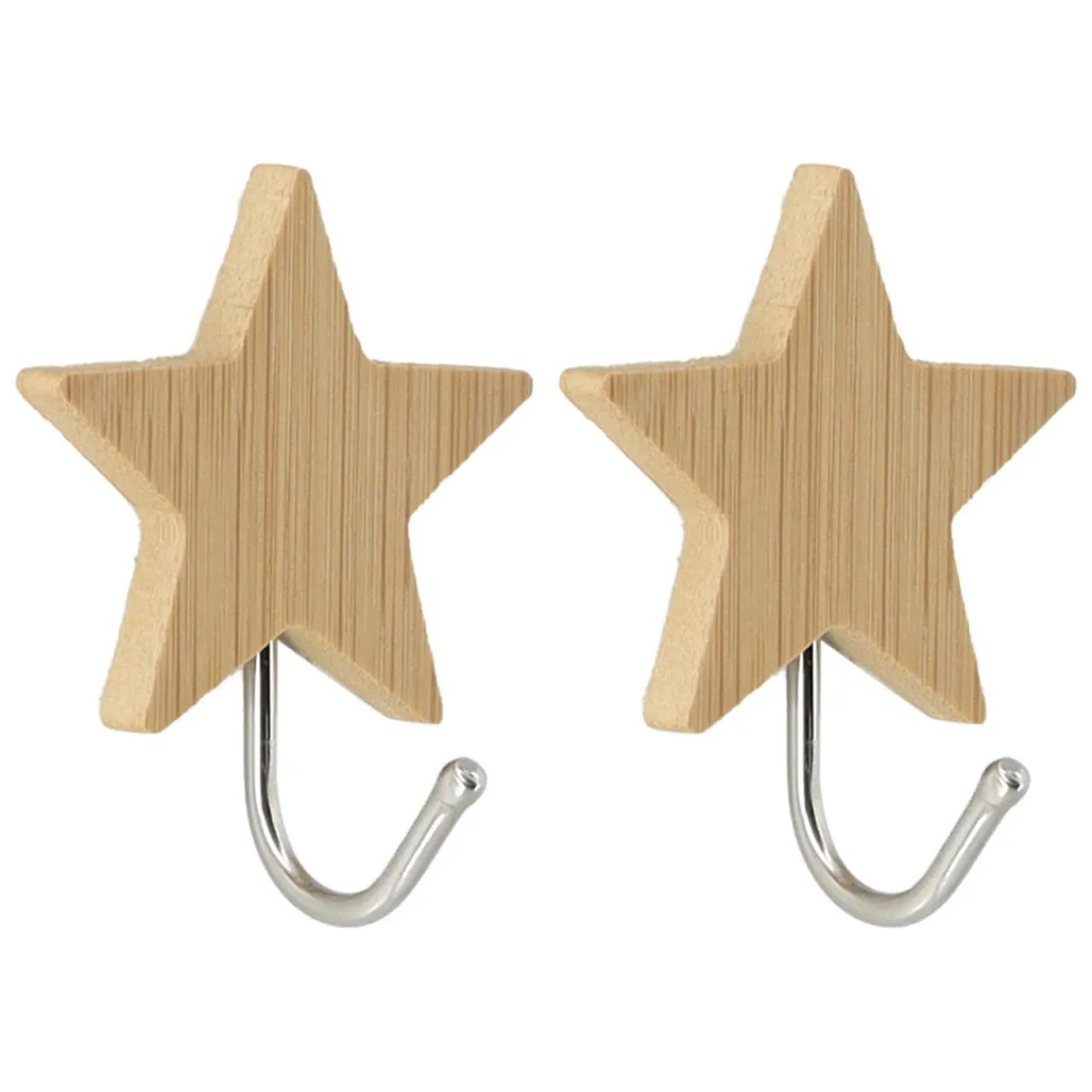 Rangement Salle De Bain|TENDANCE Lot de 2 crochets adhésifs 3M bambou (H6 cm) Etoiles Naturel