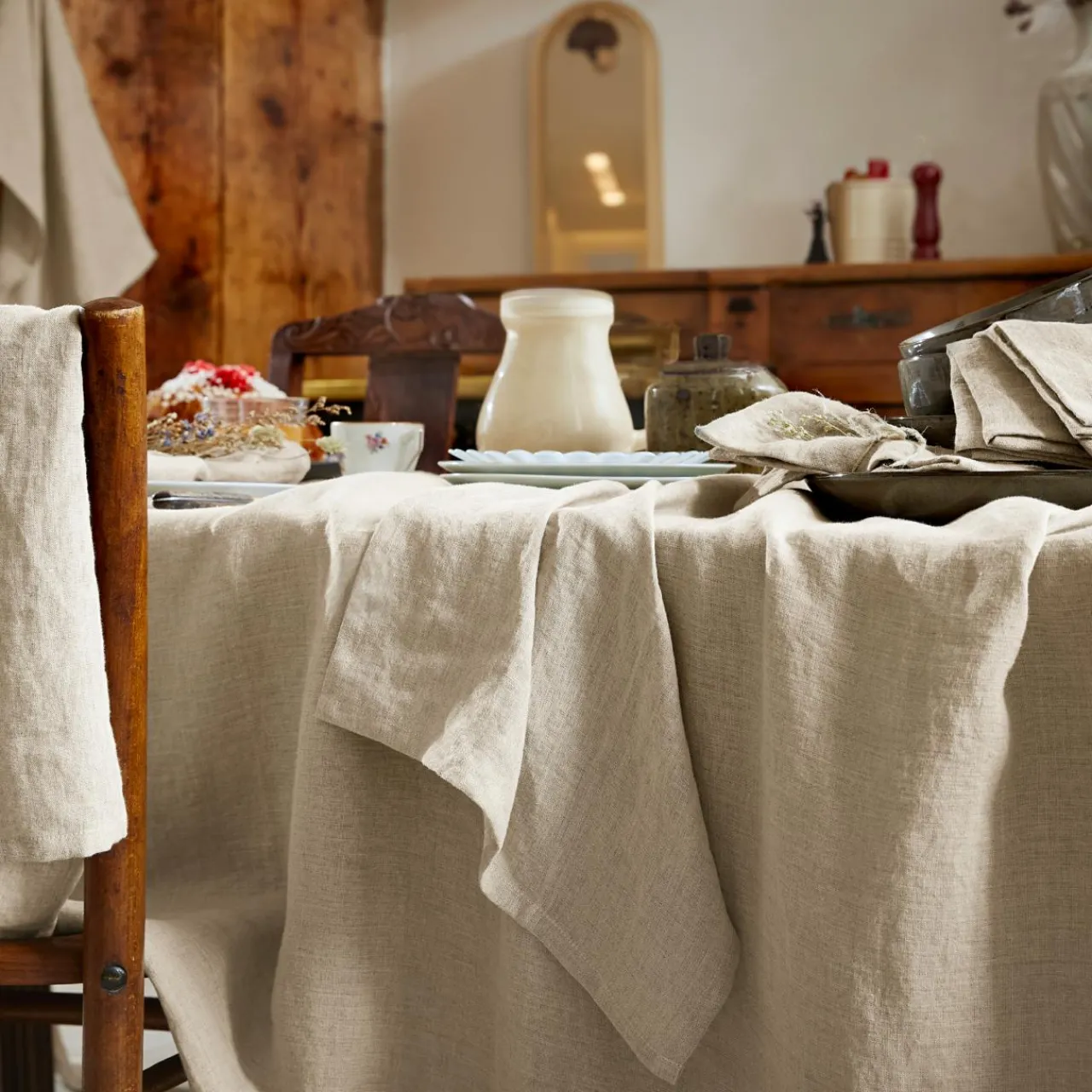 Accessoire Cuisine|EMINZA Lot de 2 essuie-mains lin lavé (50 x 70 cm) Louise Beige