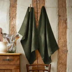 Accessoire Cuisine|EMINZA Lot de 2 essuie-mains lin lavé (50 x 70 cm) Louise Vert romarin