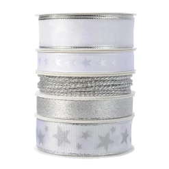 Déco De Table|KAEMINGK Lot de 5 rubans de Noël 3 m - Satin et étoiles Argent