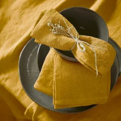 Serviette De Table|EMINZA Lot de 3 serviettes lin lavé (40 x 40 cm) Louise Jaune moutarde