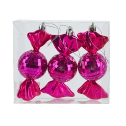 Décoration De Sapin|KAEMINGK Lot de 3 Suspensions de Noël en Mousse (H12 cm) Bonbons Disco Rose fushia Fuchsia