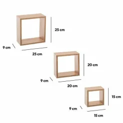 Étagère Murale|ATMOSPHERA Lot de 3 étagères (H15-20-25 cm) Cube Naturel Bois