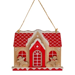 Déco Et Objet De Noël|JJA Maison à suspendre en bois (H15 cm) Heureux pain d'épices Rouge