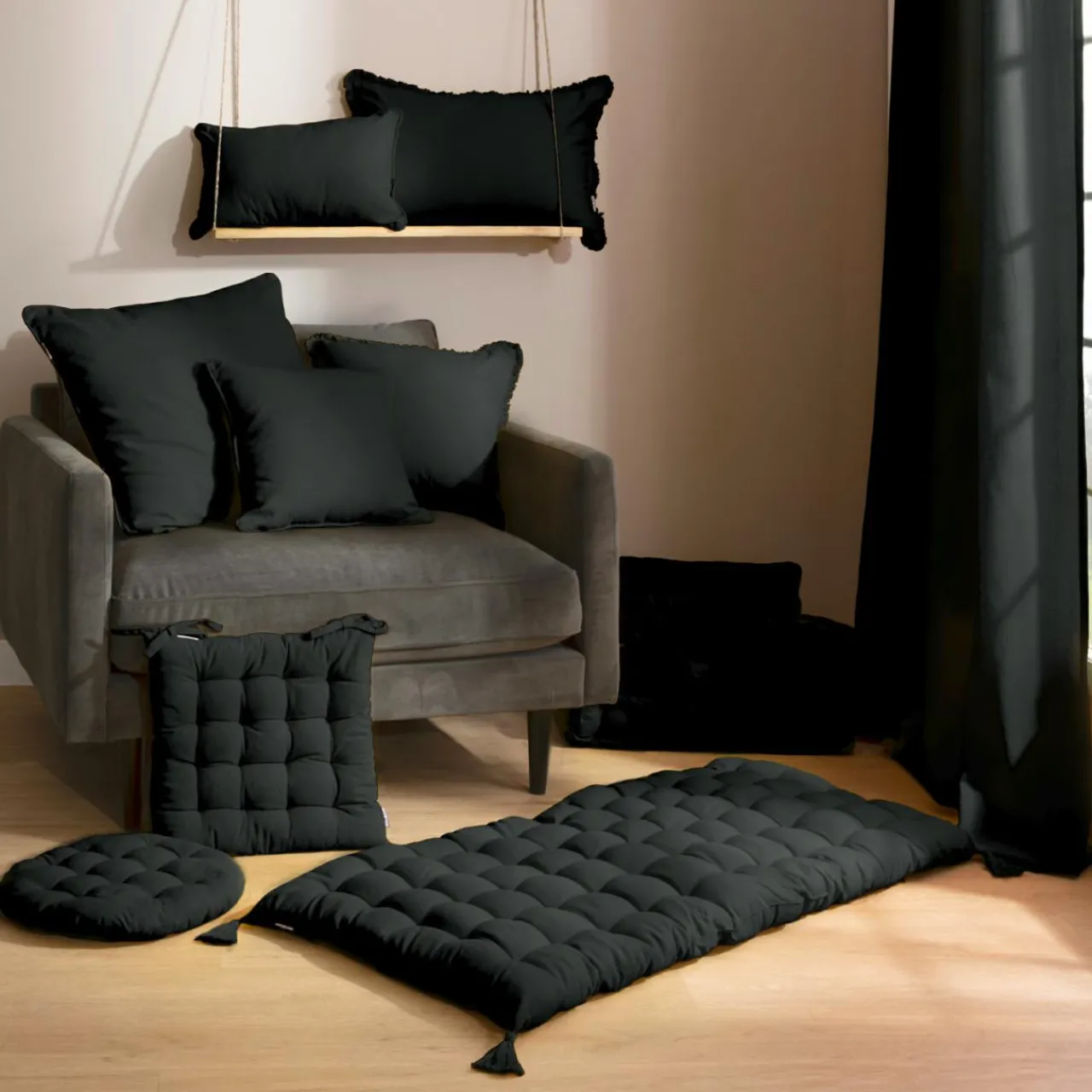 Coussin De Sol|EMINZA Matelas de sol coton (120 x 60 cm) Pixel Noir