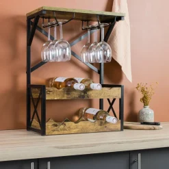 Range Bouteilles|EMINZA Meuble range-bouteilles industriel 8 emplacements et porte-verres (H56 cm) Tiago Noir