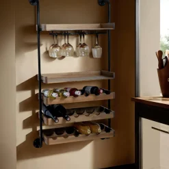 Range Bouteilles|EMINZA Meuble range-bouteilles mural et métal 18 emplacements et porte-verres (H120 cm) Isaac Marron Bois