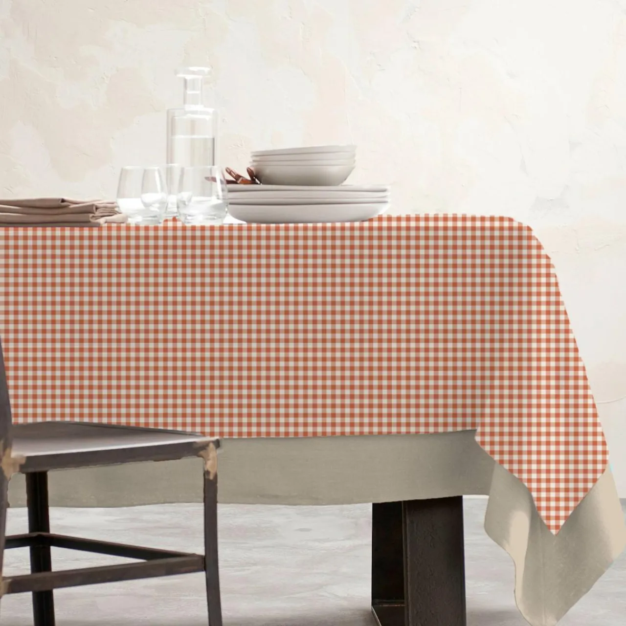 Nappe De Table|EMINZA Nappe rectangulaire coton enduit (150 x 350 cm) Vichy Terracotta