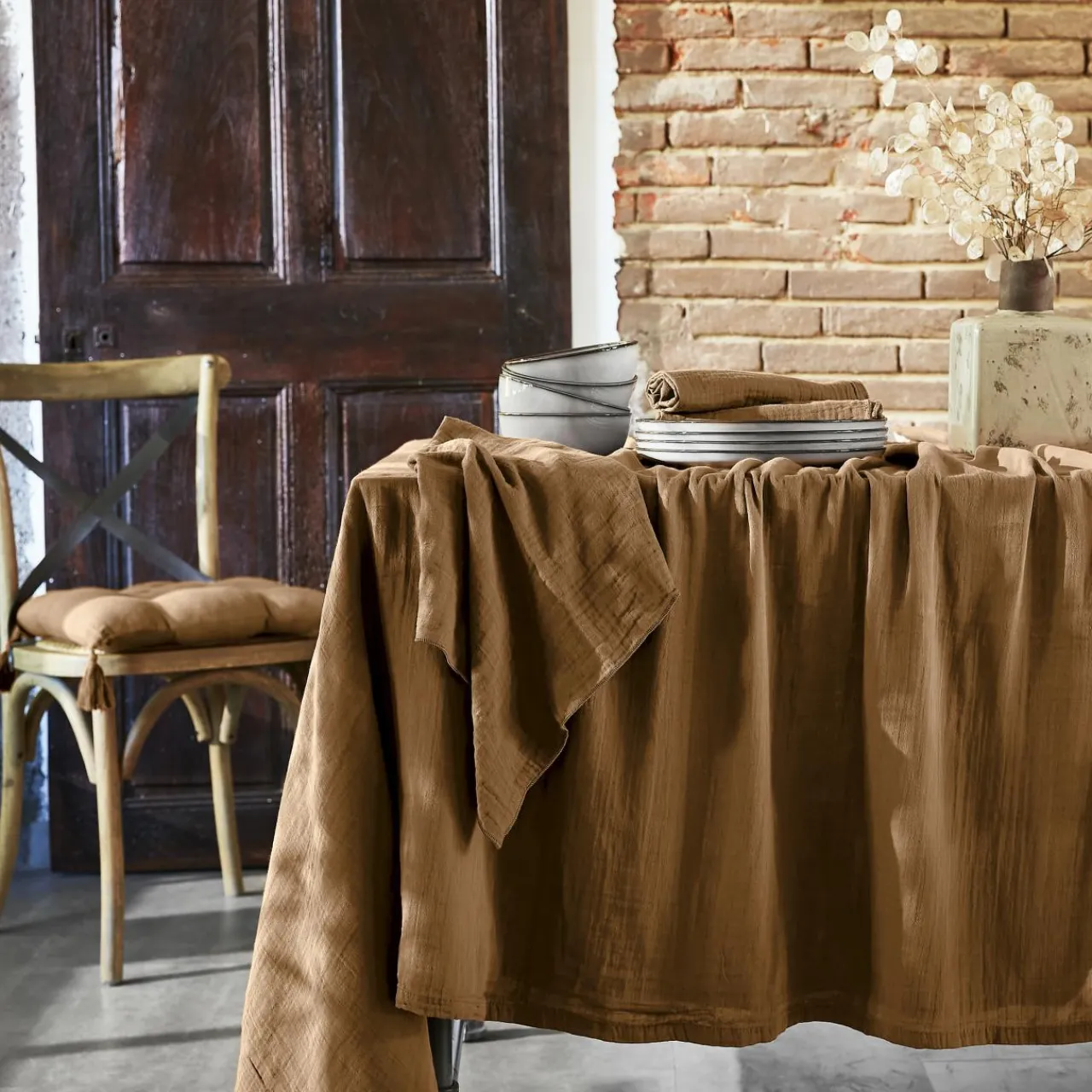 Nappe De Table|EMINZA Nappe rectangulaire gaze de coton (150 x 250 cm) Gaïa Camel