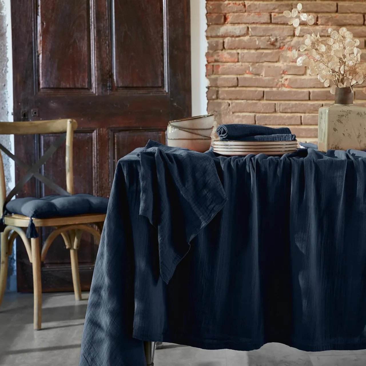 Nappe De Table|EMINZA Nappe rectangulaire gaze de coton (150 x 350 cm) Gaïa Bleu nuit
