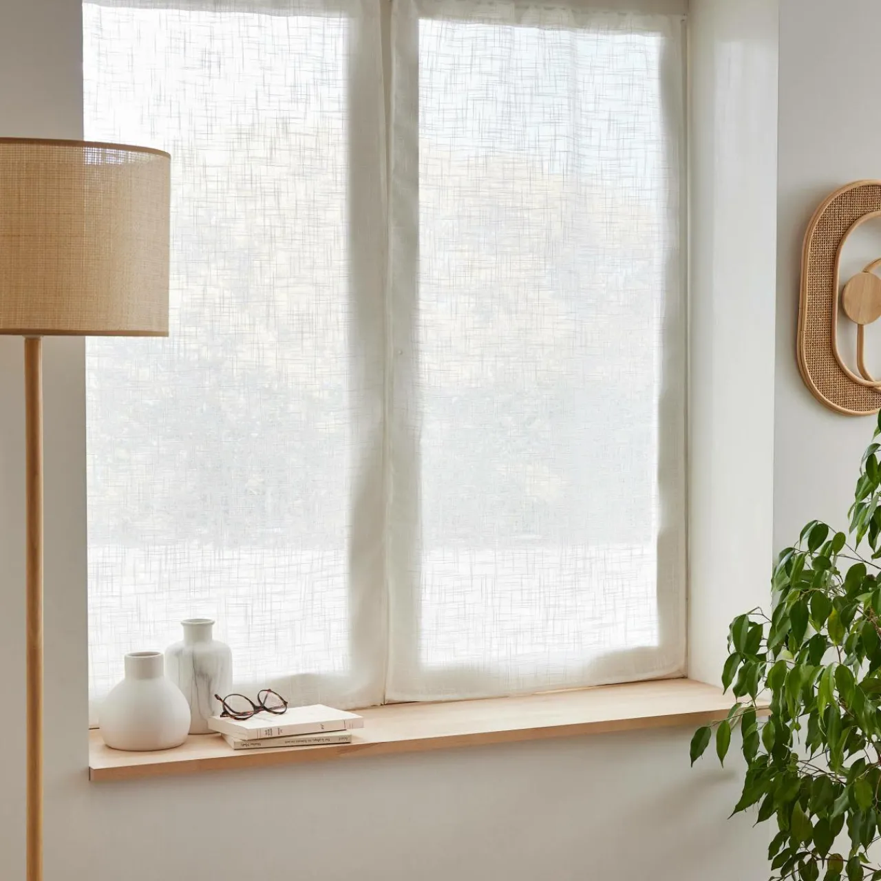 Voilage|EMINZA Paire de voilages passe-tringle effet lin (60 x 120 cm) Robin Blanc