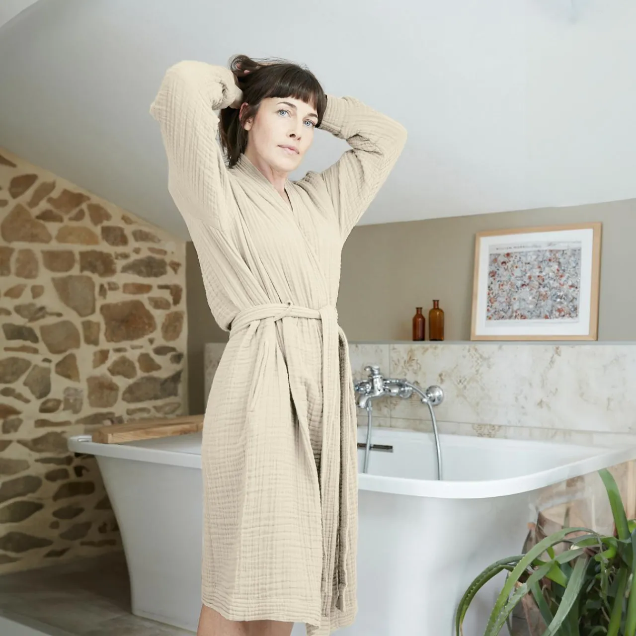 Linge De Bain|Peignoir|EMINZA Peignoir de bain gaze de coton L/XL Gaïa pampa Beige