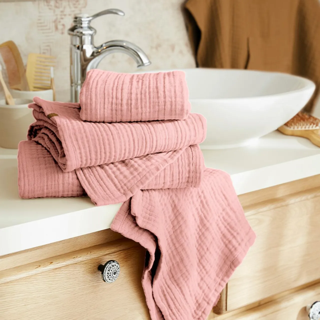Linge De Bain|Peignoir|EMINZA Peignoir de bain gaze de coton S/M Gaïa Rose Pêche