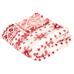 Plaid, Coussin Et Tapis De Noël|JJA Plaid de Noël (180 x 130 cm) Flocons de neige et blanc Rouge
