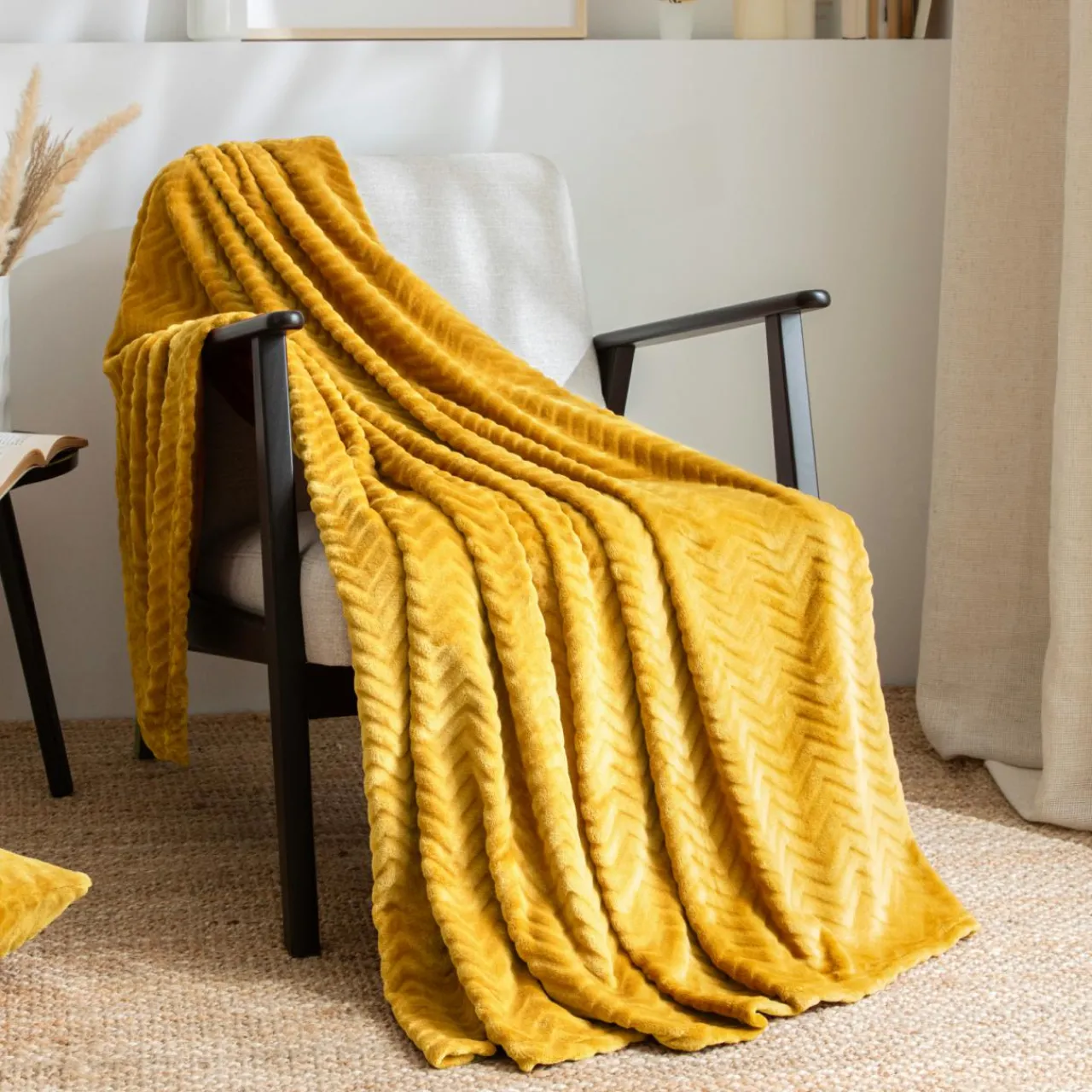 Plaid Et Jeté|EMINZA Plaid doux flanelle (130 x 180 cm) Zag Jaune moutarde