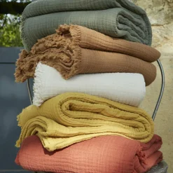 Plaid Et Jeté|Couvre-Lit Et Édredon|EMINZA Plaid gaze de coton (130 x 160 cm) Gaïa chantilly Blanc