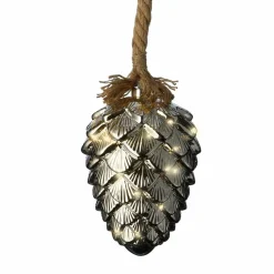 Déco Et Objet De Noël|Déco Et Objet Lumineux|KAEMINGK Pomme de pin lumineuse à piles 15 LED (H21 cm) Argent et Blanc chaud