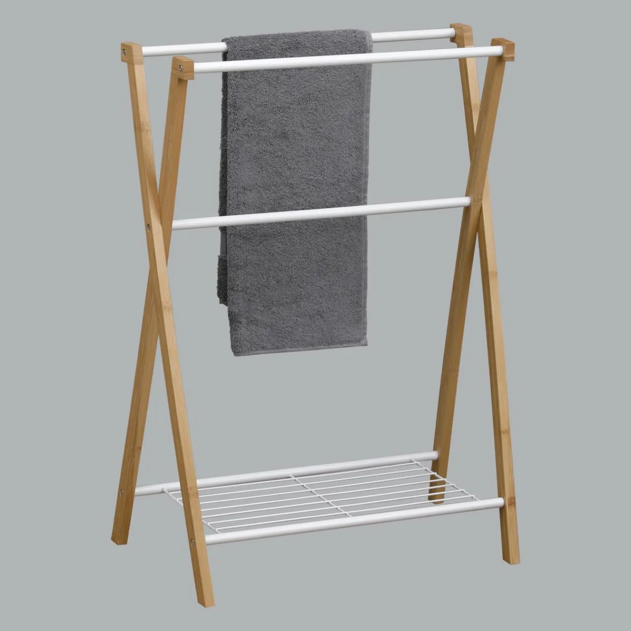 Rangement Salle De Bain|TENDANCE Porte serviette 3 barres + 1 étagère (H86 cm) Bambou Blanc