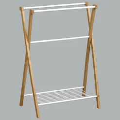 Rangement Salle De Bain|TENDANCE Porte serviette 3 barres + 1 étagère (H86 cm) Bambou Blanc