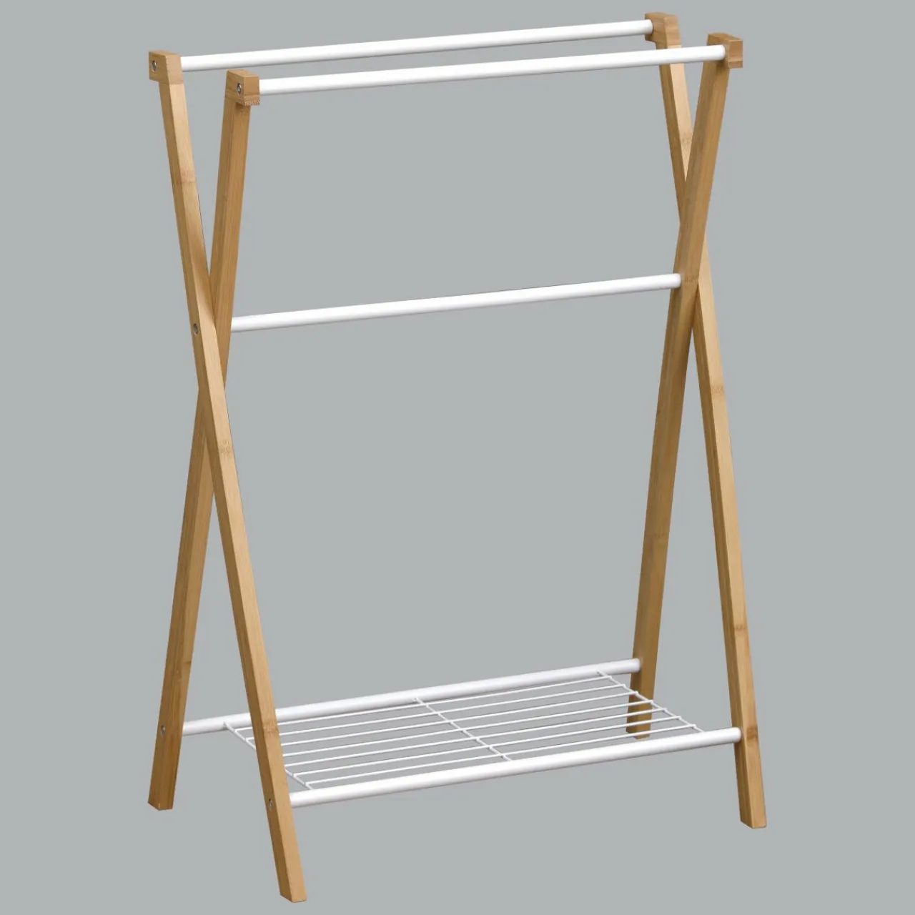 Rangement Salle De Bain|TENDANCE Porte serviette 3 barres + 1 étagère (H86 cm) Bambou Blanc