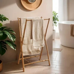Rangement Salle De Bain|EMINZA Porte serviette pliable canne de bambou 2 barres (H86 cm) Hanoï Naturel