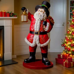 Personnage, Objet Grand Format|Père Noël, Animaux Et Personnage|KAEMINGK Père Noël Géant sur piles (H166 cm) Klaus et sa lanterne illuminée Rouge