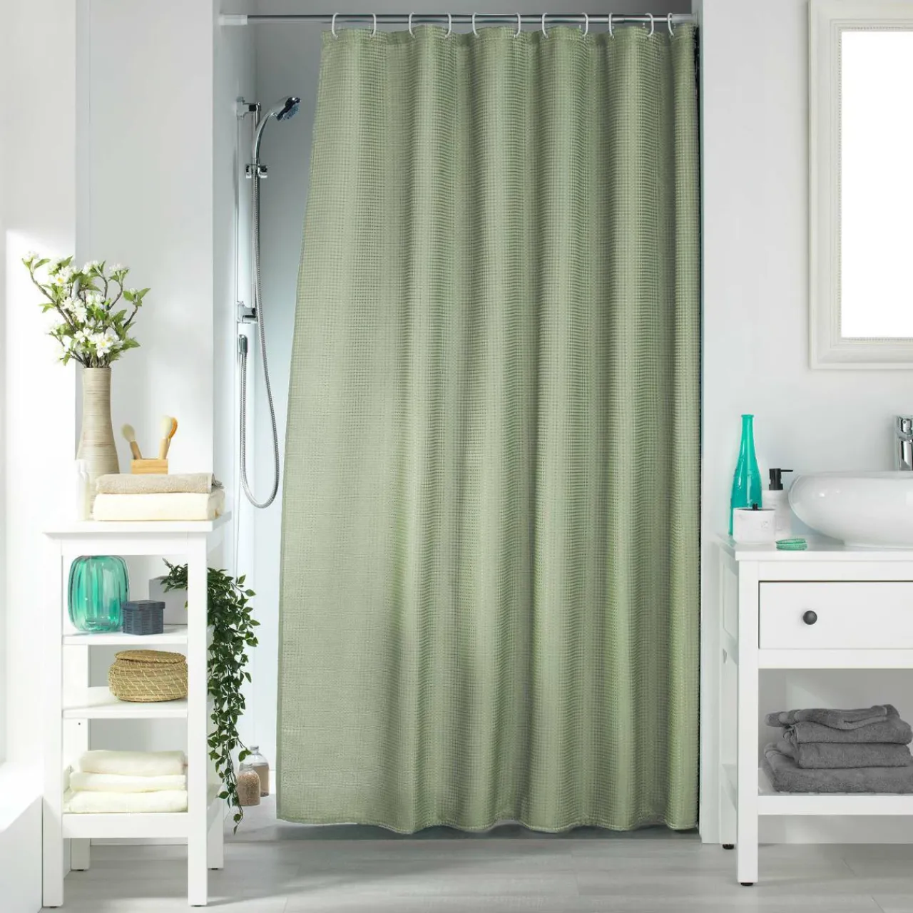 Accessoire Salle De Bain|Rideau De Douche|douceur d'intu017drieur Rideau de douche effet tissé à anneaux (180 x 200 cm) Quartz Vert sauge