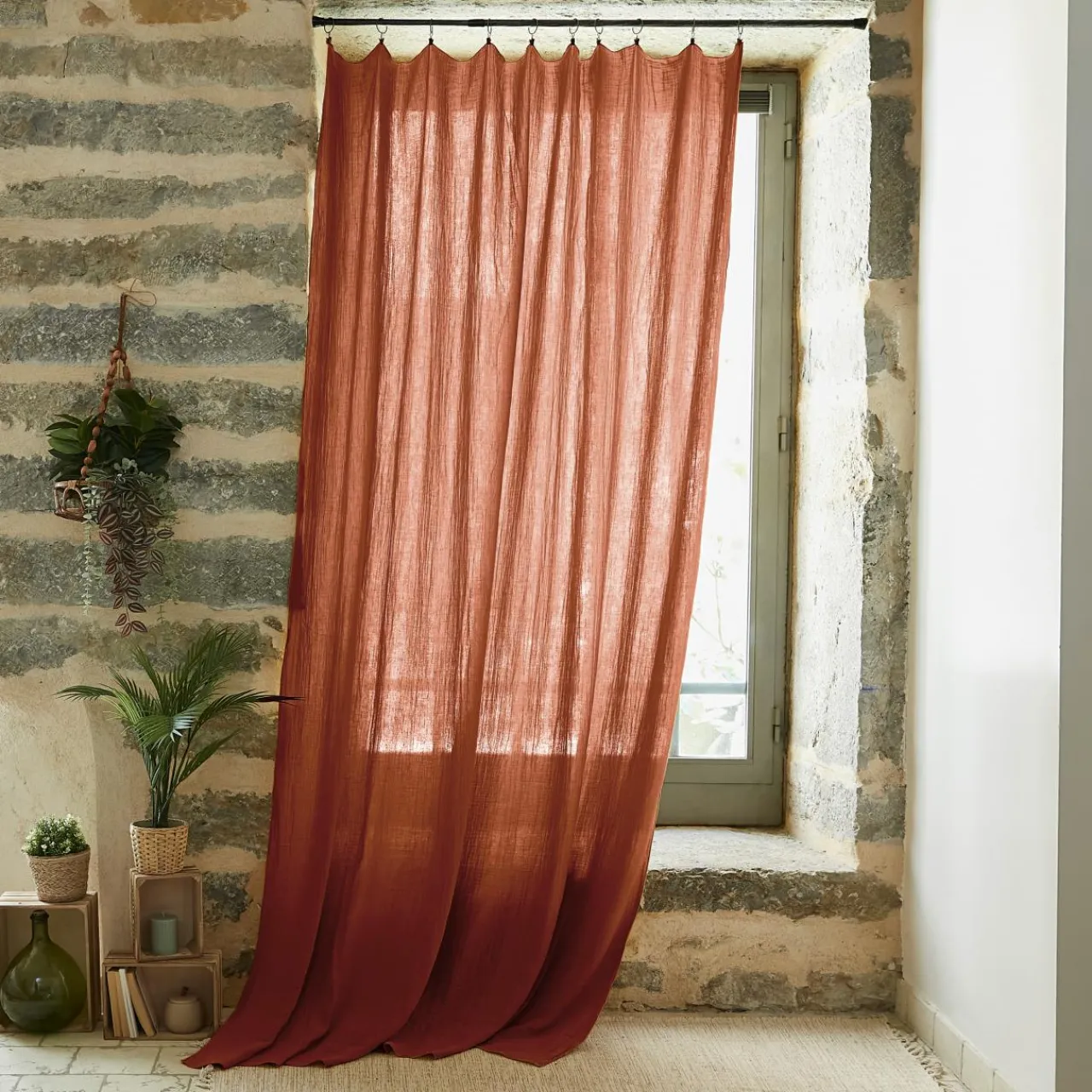 Rideau|EMINZA Rideau gaze de coton ajustable (140 x max 300 cm) Gaïa Terracotta