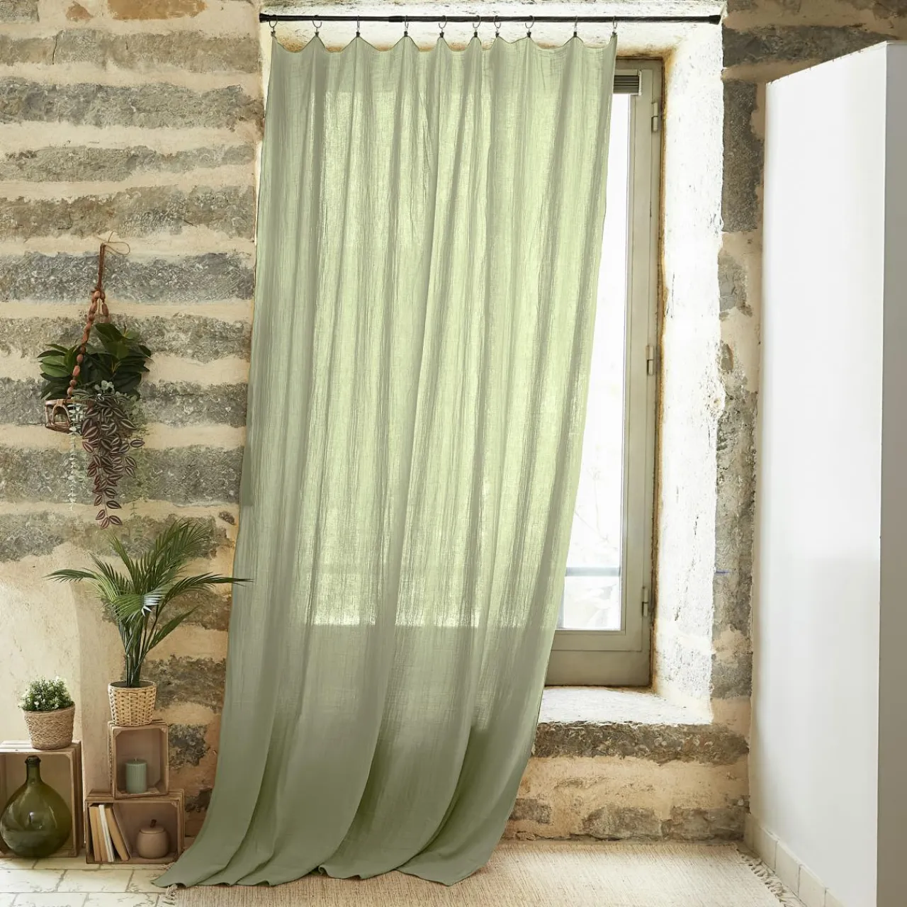 Rideau|EMINZA Rideau gaze de coton ajustable (140 x max 300 cm) Gaïa Vert tilleul