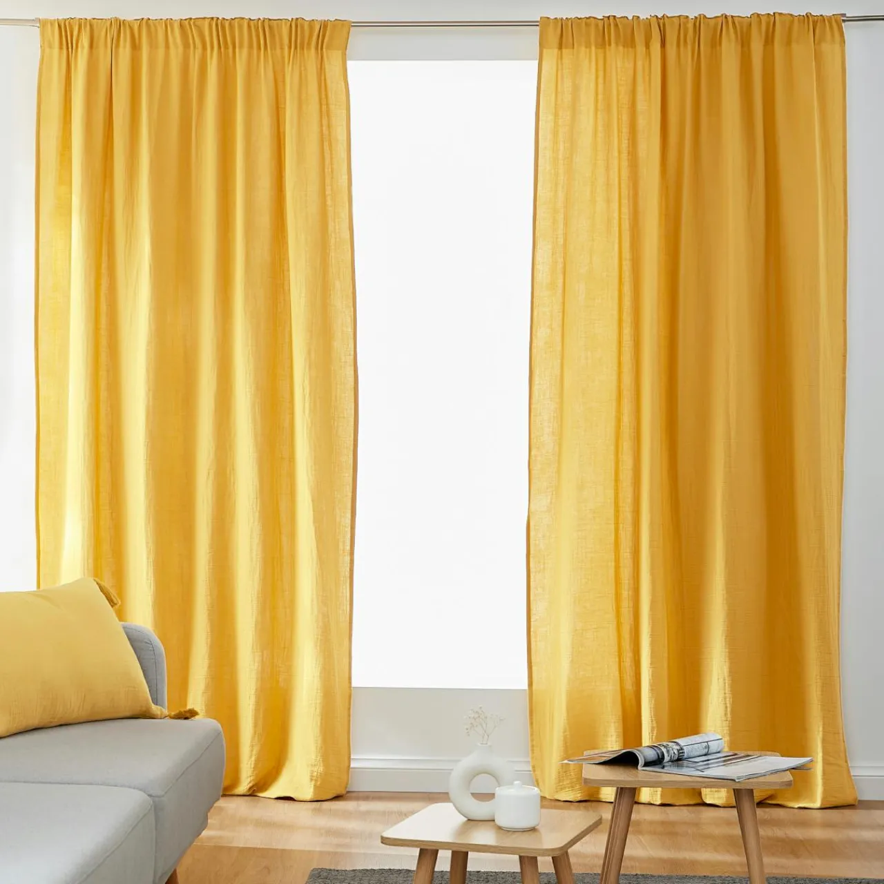 Rideau|EMINZA Rideau gaze de coton galon fronceur (180 x 240 cm) Gaïa Jaune safran