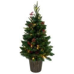 Sapin Artificiel De Noël|JJA Sapin artificiel de Noël lumineux (H90 cm) Baies et pomme de pin Sapin vert lumineux