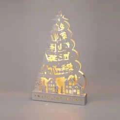 Déco Et Objet De Noël|Village De Noël En Bois|KOOPMAN Sapin de Noël lumineux en bois 15 LED (H45 cm) Conte de Neige Blanc