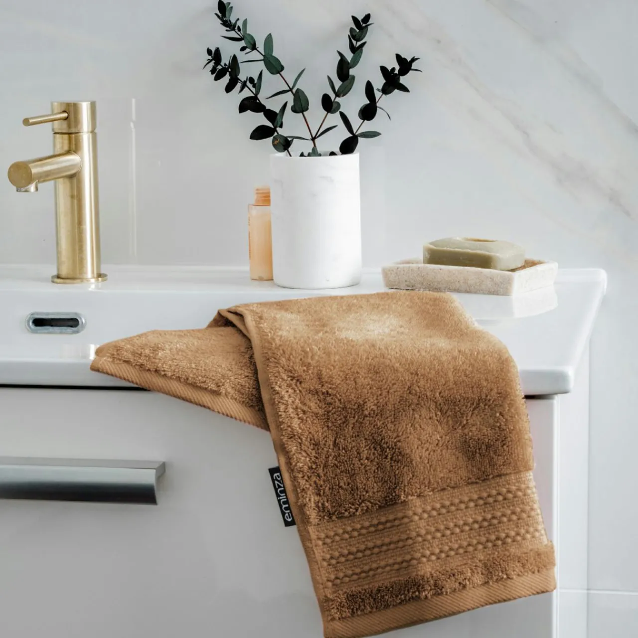 Linge De Bain|Serviette De Bain|EMINZA Serviette de bain coton bio (30 x 50 cm) Méline Camel