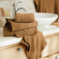Linge De Bain|Serviette De Bain|EMINZA Serviette de bain gaze de coton (90 x 150 cm) Gaïa Camel