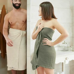 Linge De Bain|Serviette De Bain|EMINZA Serviette de bain gaze de coton (70 x 130 cm) Gaïa Vert romarin