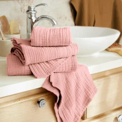 Linge De Bain|Serviette De Bain|EMINZA Serviette de bain gaze de coton (70 x 130 cm) Gaïa Rose Pêche
