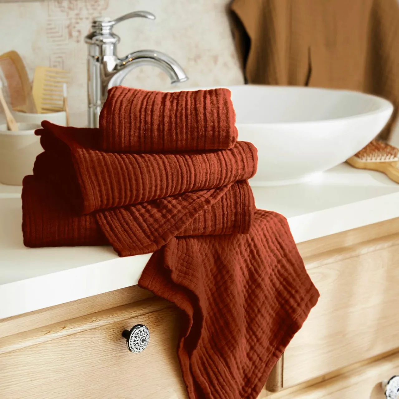 Linge De Bain|Serviette De Bain|EMINZA Serviette de bain gaze de coton (70 x 130 cm) Gaïa Terracotta