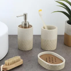 Accessoire Salle De Bain|TENDANCE Set d'accessoires salle de bain gravé Casablanca Naturel Beige