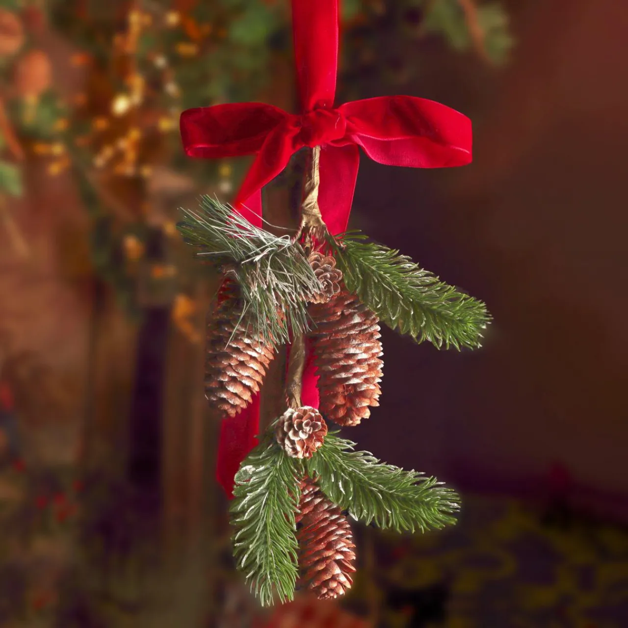 Branches Artificielles|KAEMINGK Suspension décorative (H26 cm) Pomme de pin et nœud en velours Rouge
