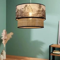 Lampe Suspension|OSTARIA Suspension lumineuse en rotin double (D35 cm) Ombrage et naturel Noir