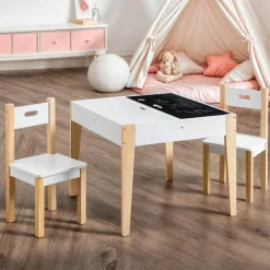 Petit Meuble Enfant|EMINZA Table et 2 chaises enfant bois tableau (H49,5 cm) Charlie Blanc