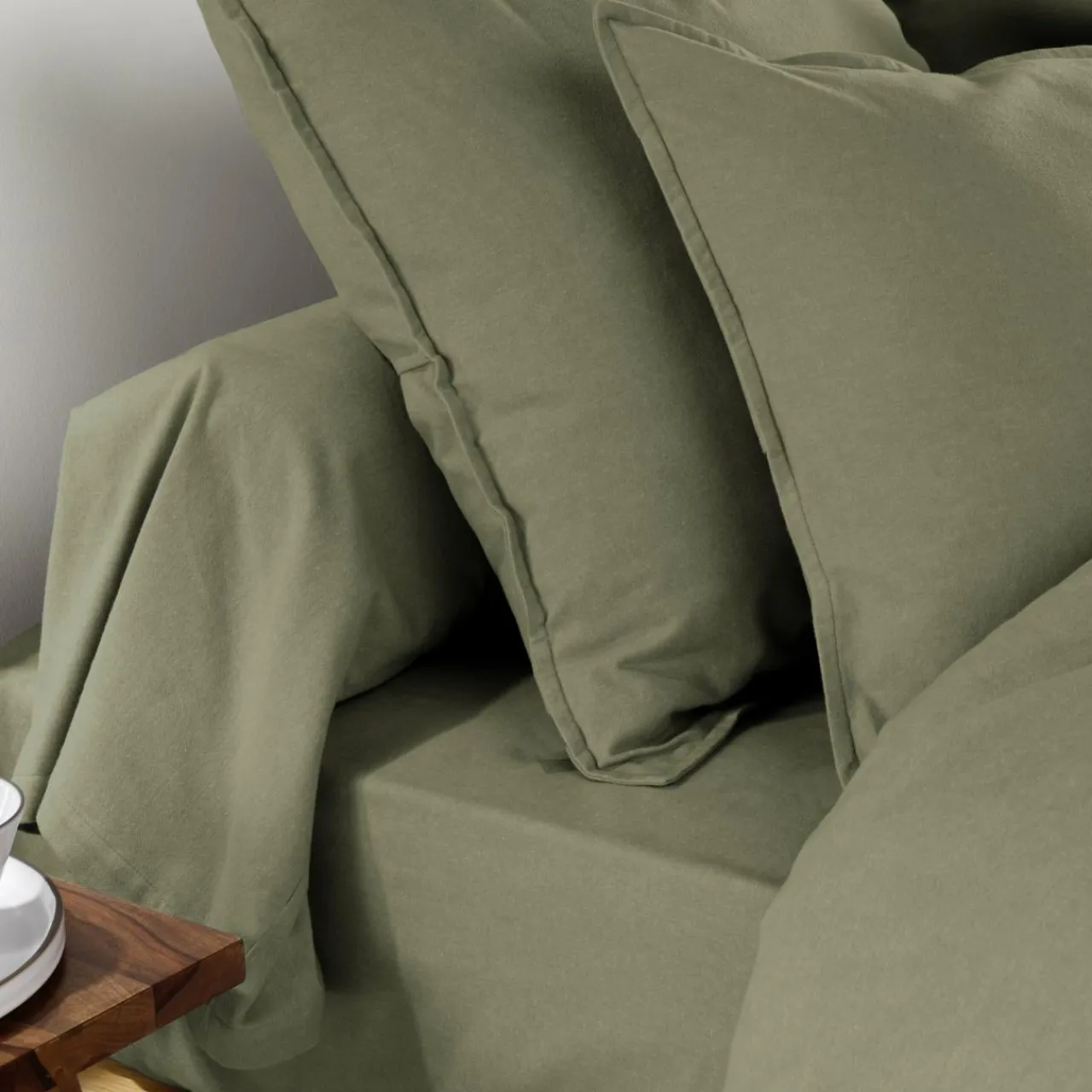 Taie D'Oreiller, Traversin|EMINZA Taie de traversin flanelle de coton (L185 cm) Théa Vert romarin