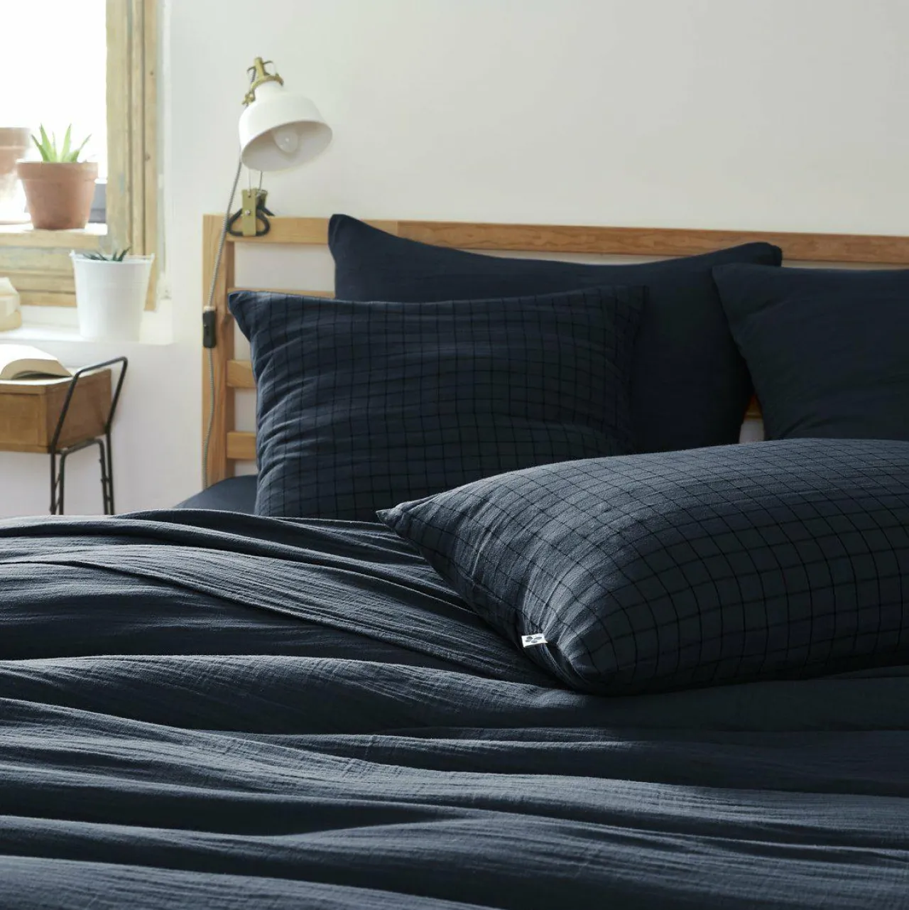 Taie D'Oreiller, Traversin|EMINZA Taie d'oreiller carrée gaze de coton (60 x 60 cm) Gaïa Mix Bleu nuit