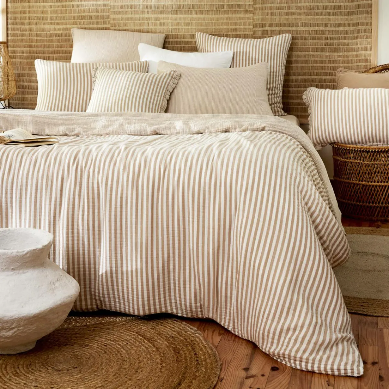 Taie D'Oreiller, Traversin|EMINZA Taie d'oreiller Carrée gaze de coton (60 x 60 cm) Gaïa rayures Ficelle Rayure Ficelle