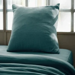 Taie D'Oreiller, Traversin|EMINZA Taie d'oreiller carrée gaze de coton (60 x 60 cm) Gaïa Bleu canard