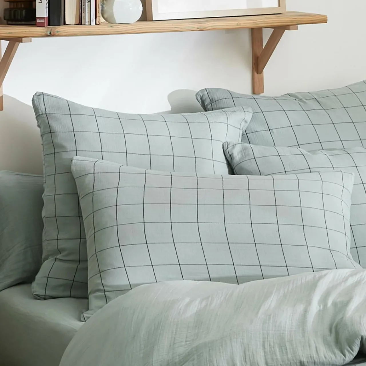 Taie D'Oreiller, Traversin|EMINZA Taie d'oreiller carrée gaze de coton (60 x 60 cm) Gaïa Match Vert Eucalyptus