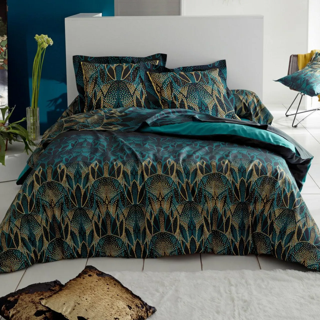 Taie D'Oreiller, Traversin|TRADILINGE Taie d'oreiller carrée percale de coton Escale Vert émeraude