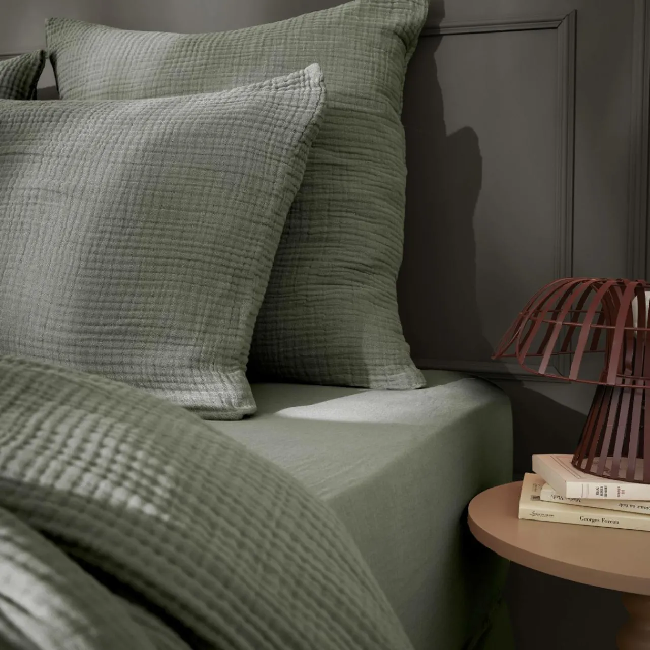 Taie D'Oreiller, Traversin|EMINZA Taie d'oreiller quadruple gaze de coton (80 x 80 cm) Victoria x Gaïa Vert romarin