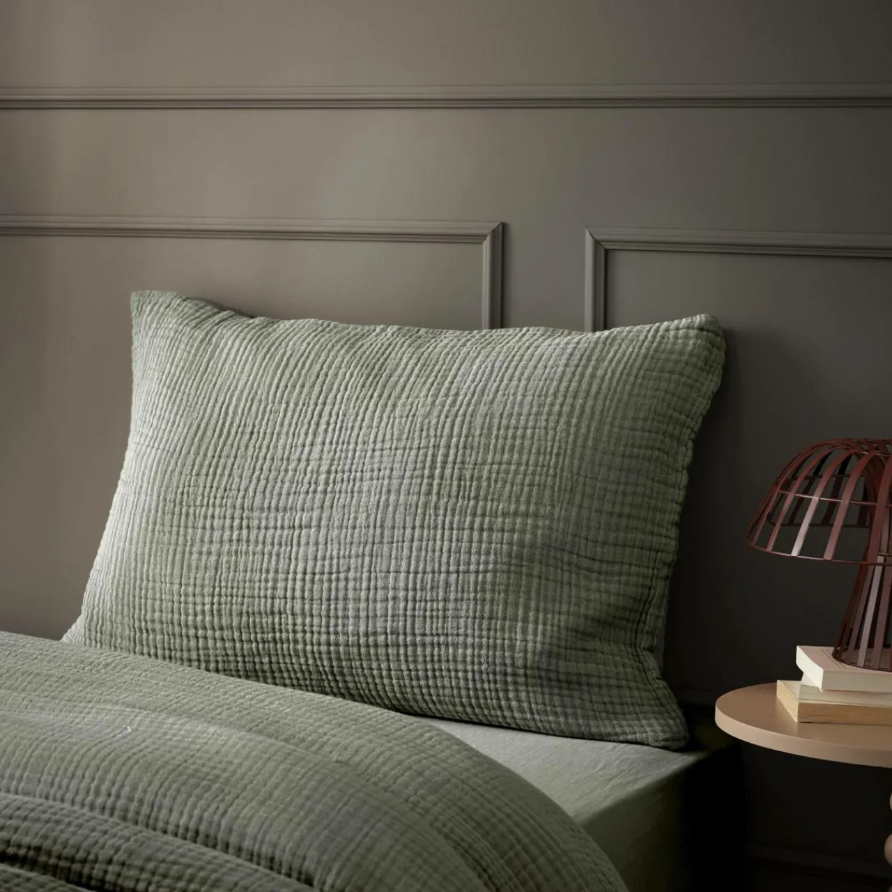 Taie D'Oreiller, Traversin|EMINZA Taie d'oreiller quadruple gaze de coton (50 x 80 cm) Victoria x Gaïa Vert romarin