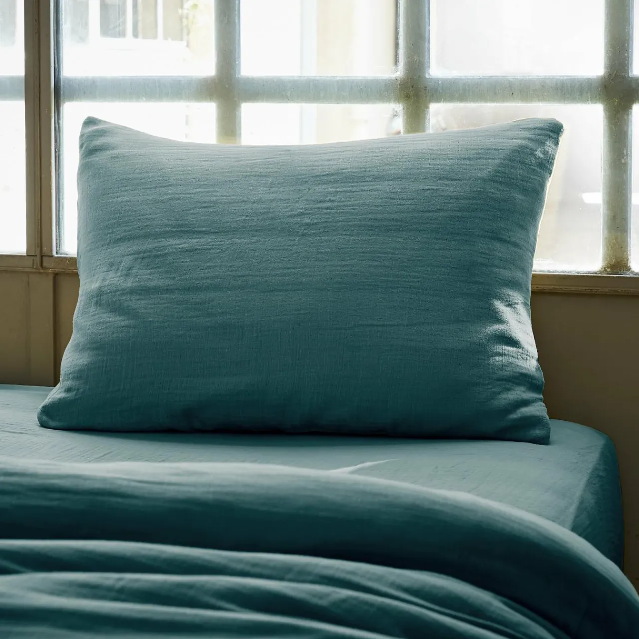 Taie D'Oreiller, Traversin|EMINZA Taie d'oreiller rectangulaire gaze de coton (50 x 80 cm) Gaïa Bleu canard